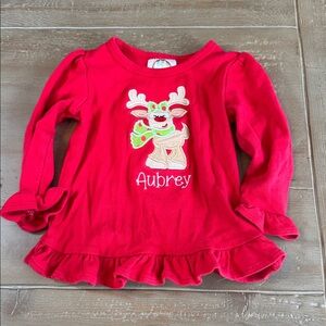Girls Red Appliqué Embroidered Reindeer Ruffle Hem Shirt - 18M In Good Condition